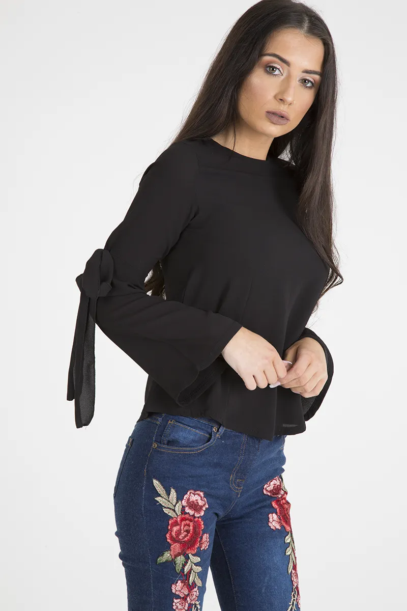 Black Flared Tied Sleeve Top - Birdie