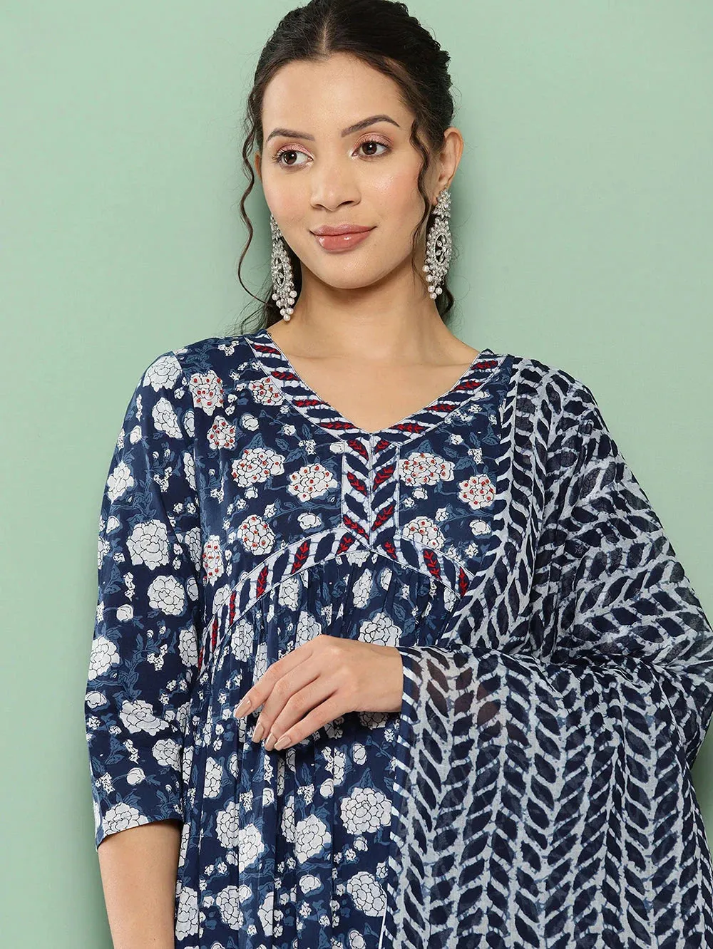 Blue Floral Print Anarkali Shape Kurta With Trousers & With Dupatta