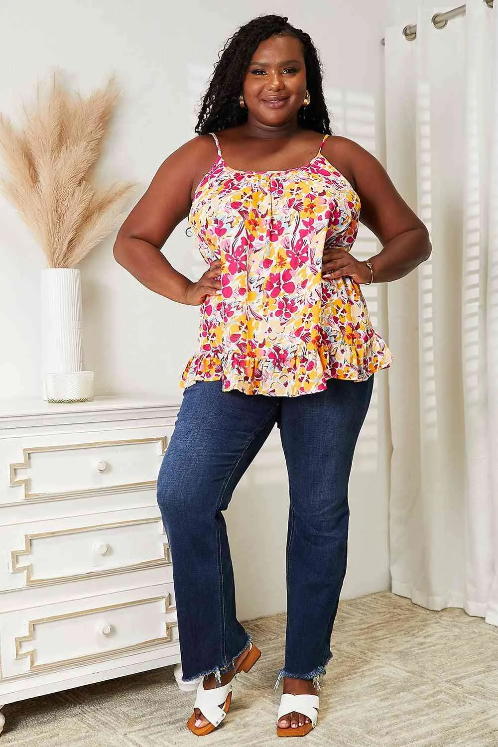DOUBLE TAKE Floral Scoop Neck Ruffle Hem Cami