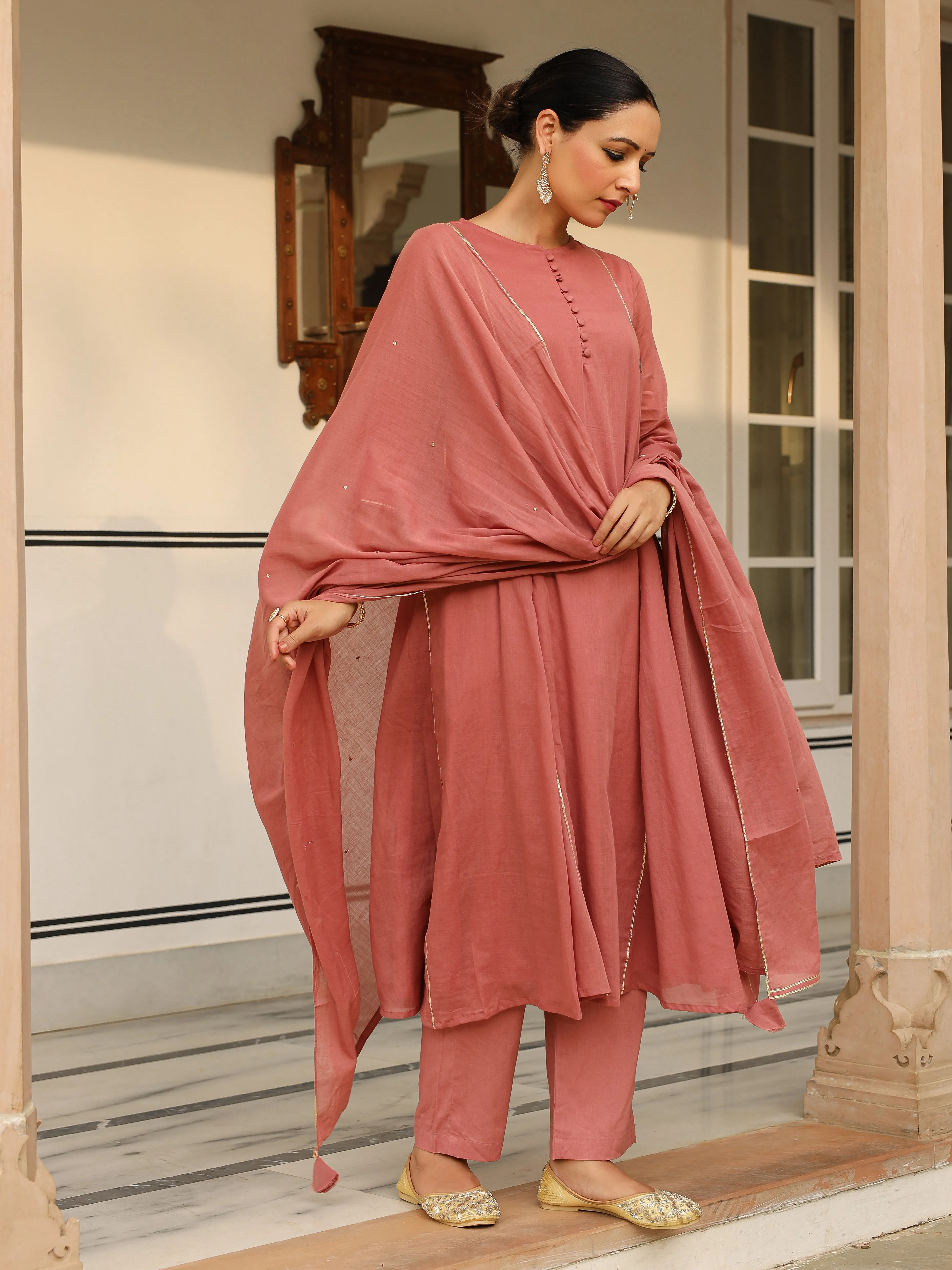 Dusty red mulmul cotton anarkali kurta set with trousers and dupatta