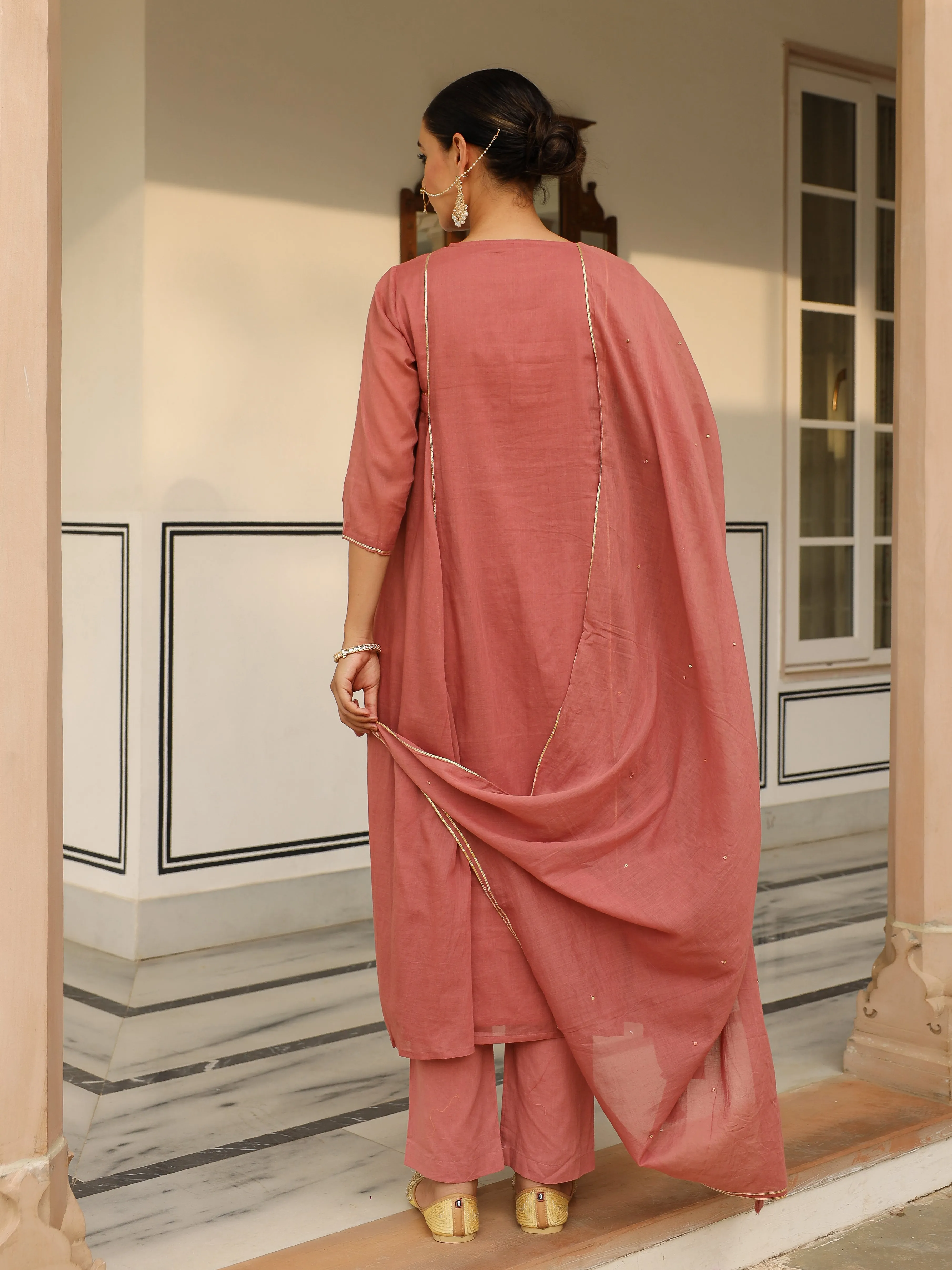 Dusty red mulmul cotton anarkali kurta set with trousers and dupatta