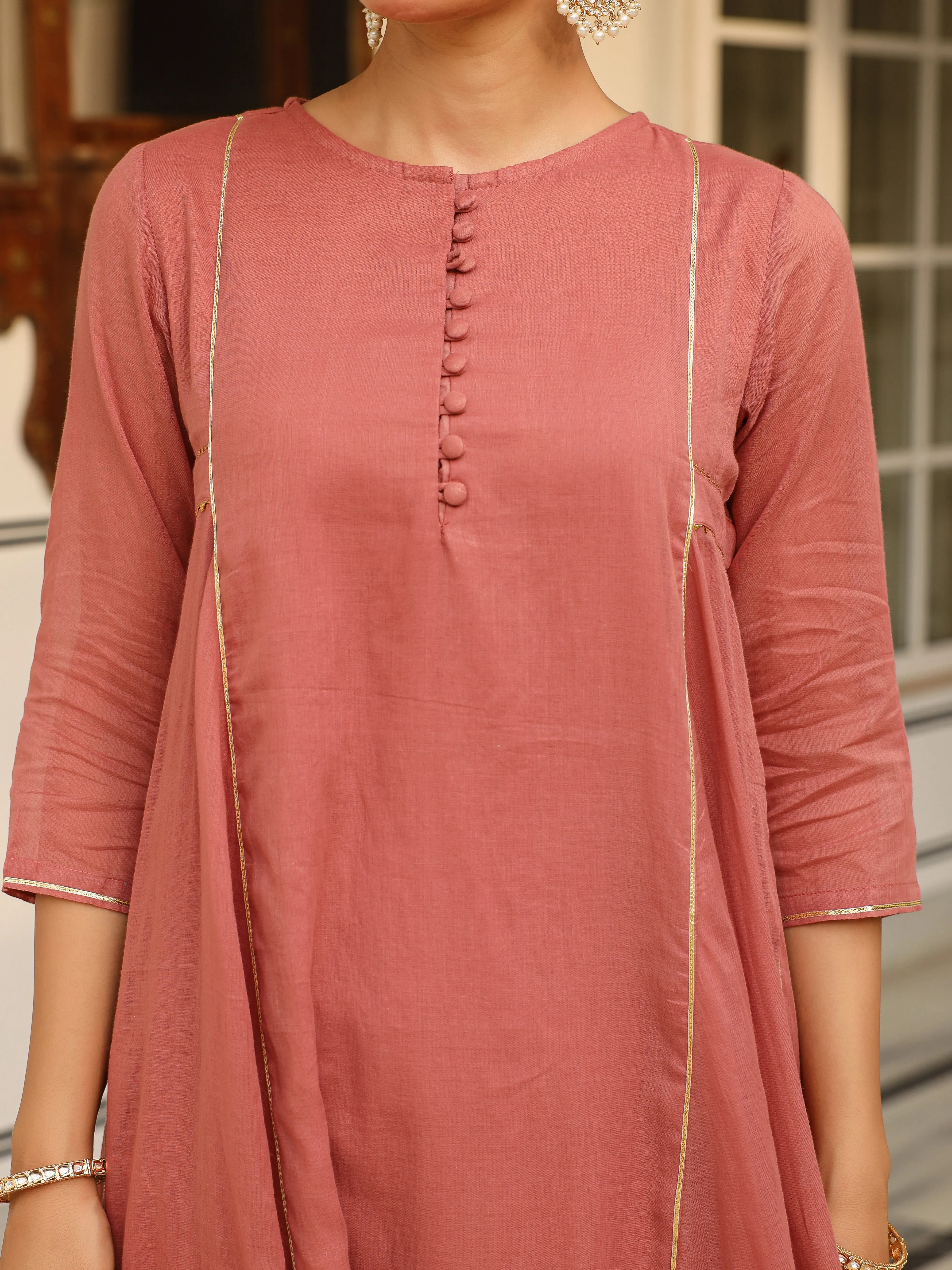 Dusty red mulmul cotton anarkali kurta set with trousers and dupatta