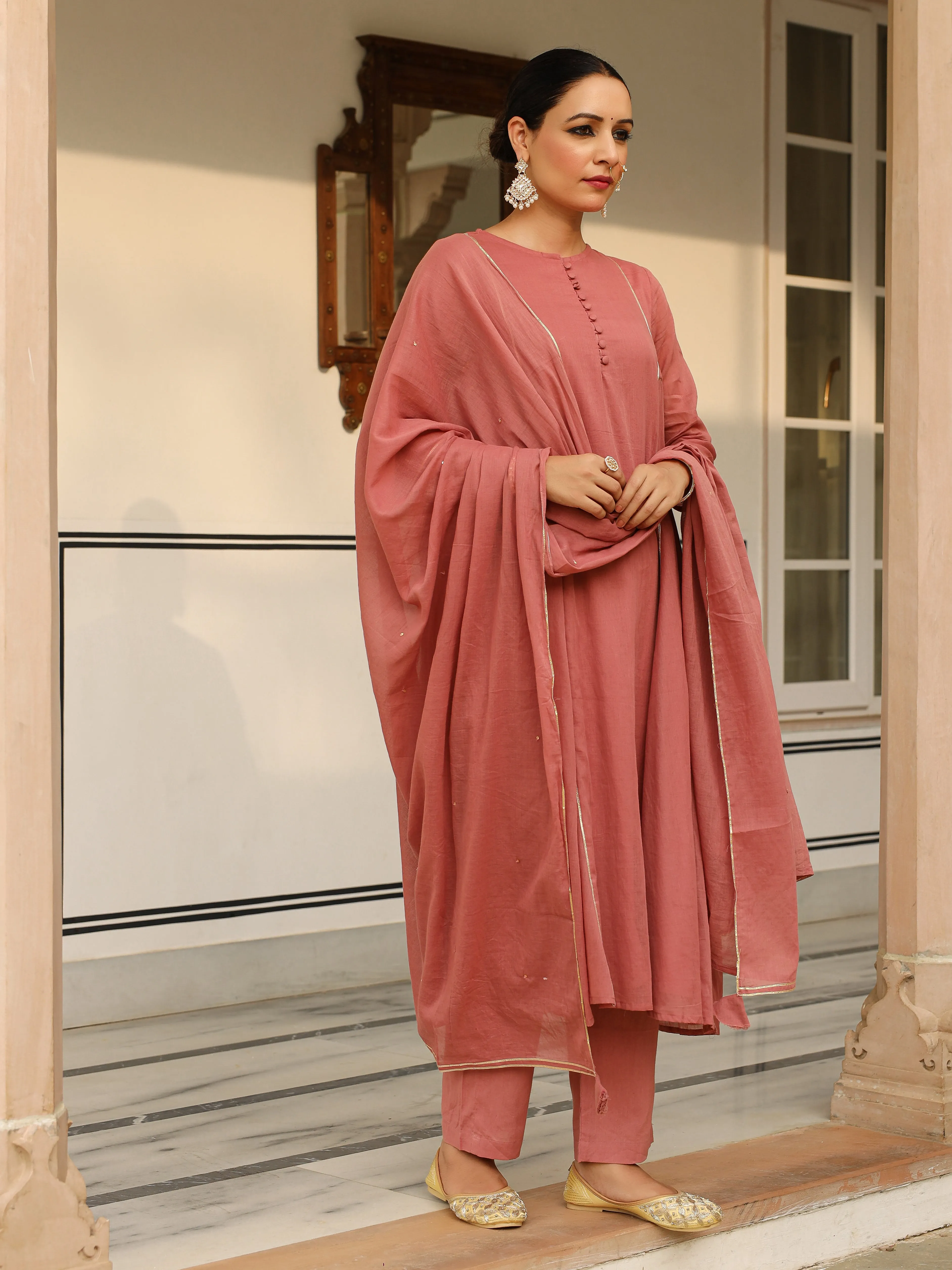 Dusty red mulmul cotton anarkali kurta set with trousers and dupatta