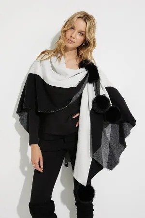 Final Sale Tamara Two-Tone Poncho with Faux Fur Pom Poms - Joseph Ribkoff 223966