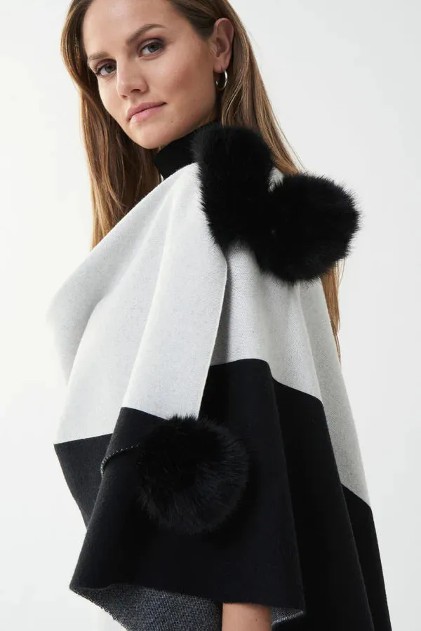 Final Sale Tamara Two-Tone Poncho with Faux Fur Pom Poms - Joseph Ribkoff 223966