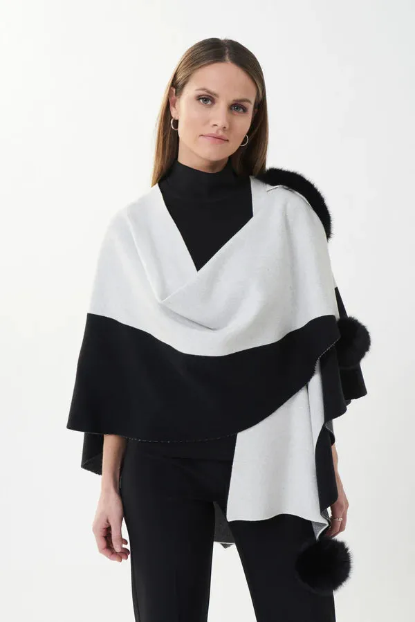 Final Sale Tamara Two-Tone Poncho with Faux Fur Pom Poms - Joseph Ribkoff 223966