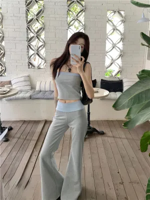 Girlary 2024 New Temperament Fashion Gyaru Set Women Summer Contrast Color Tube Top Vest Slightly Flared Trousers Two-piece Set Fashion