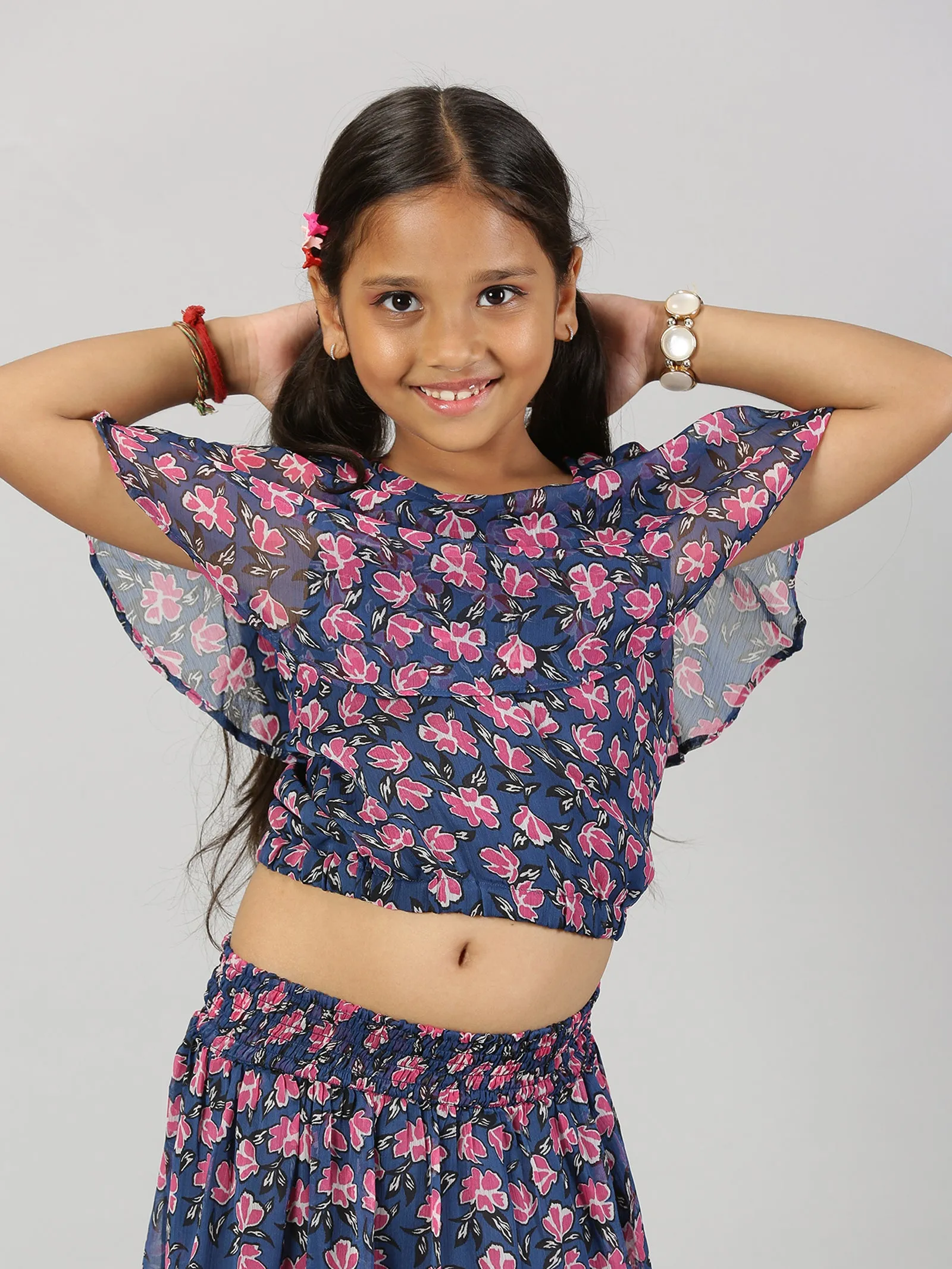 Girls Crop Top With Yoke Frill Layer & Smocked Waistband Skirt Set