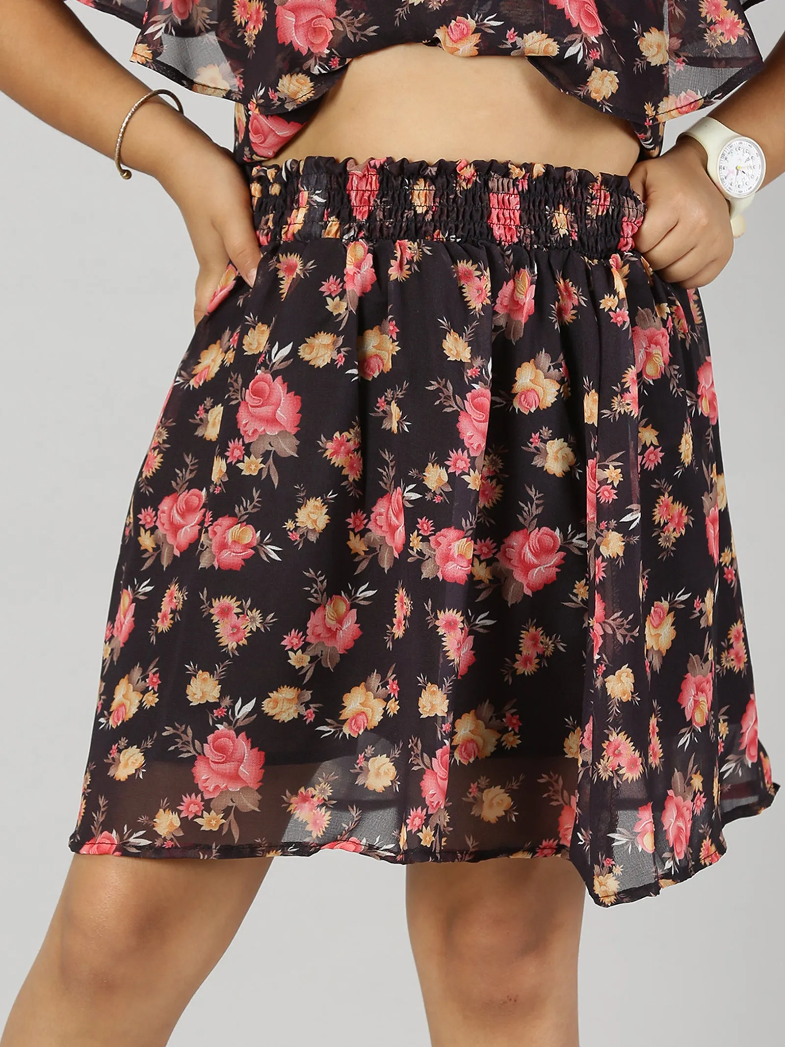 Girls Crop Top With Yoke Frill Layer & Smocked Waistband Skirt Set