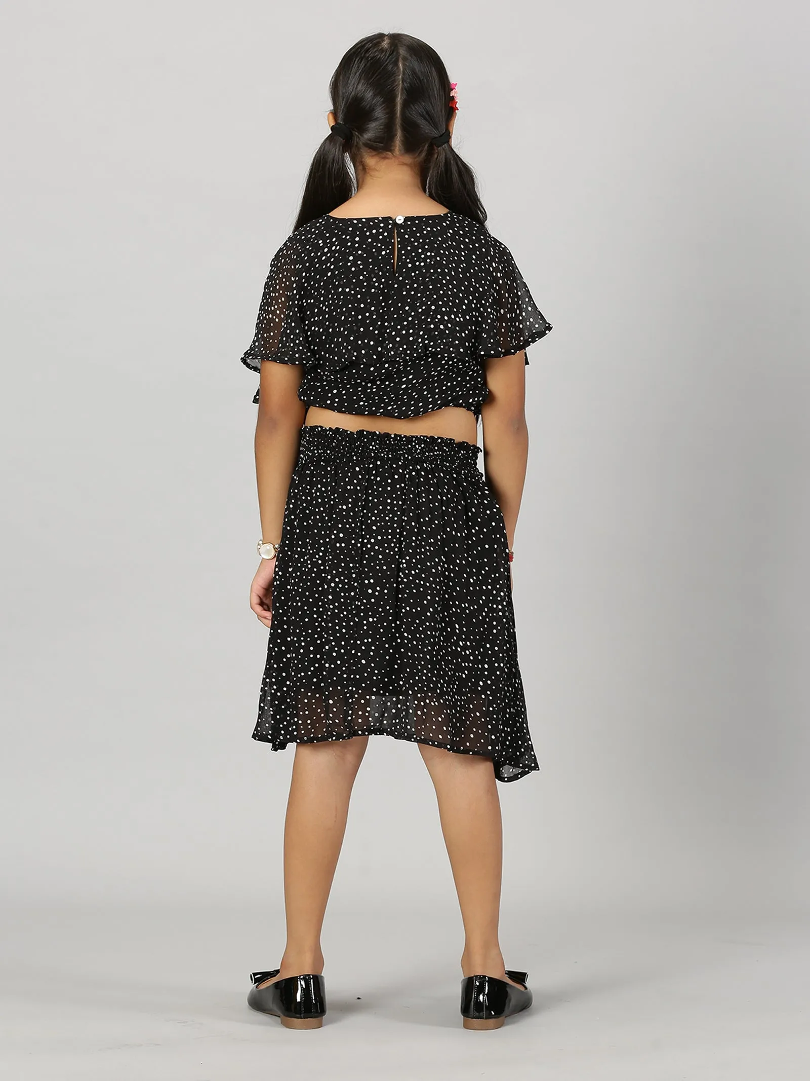 Girls Crop Top With Yoke Frill Layer & Smocked Waistband Skirt Set