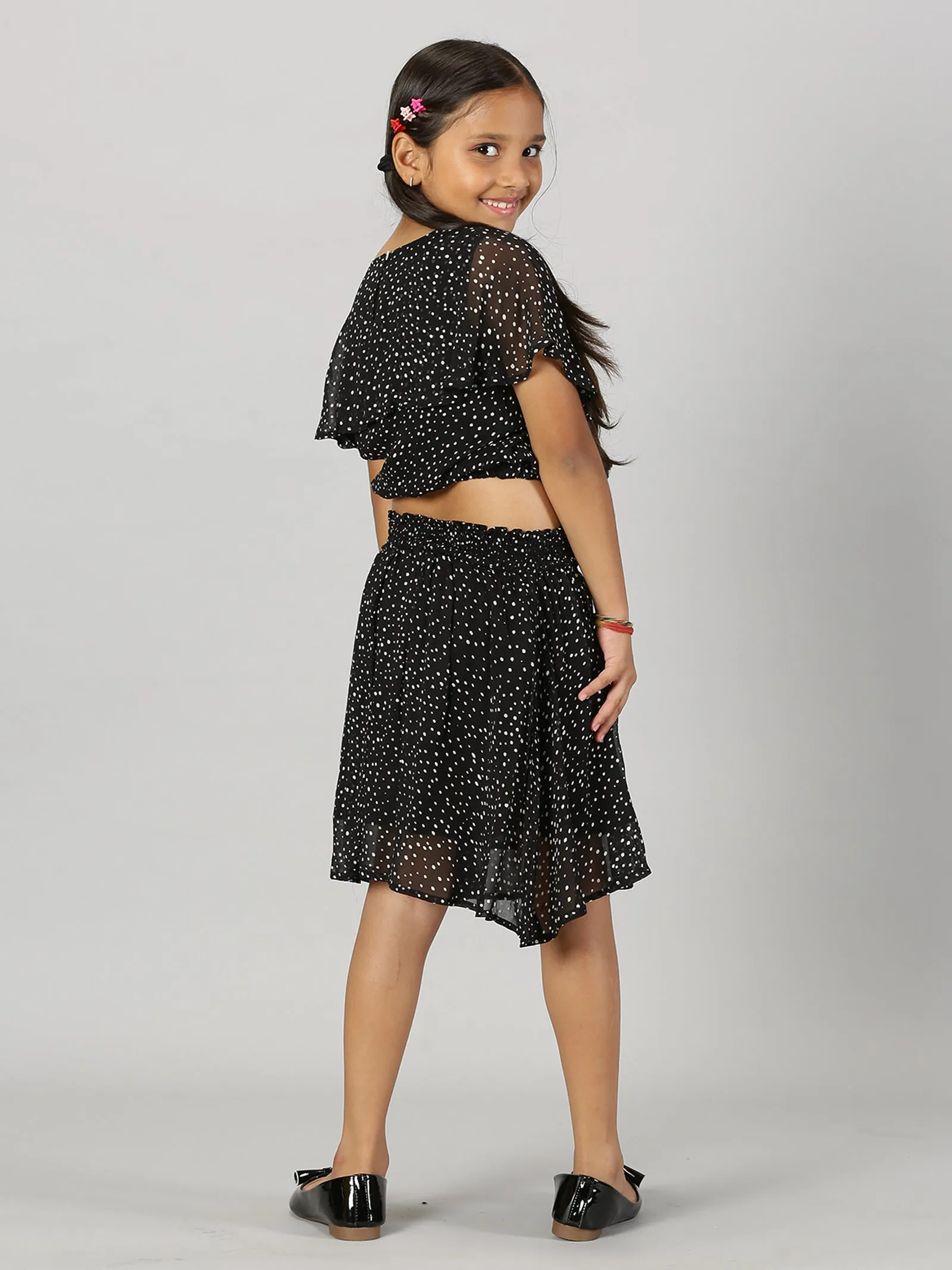 Girls Crop Top With Yoke Frill Layer & Smocked Waistband Skirt Set