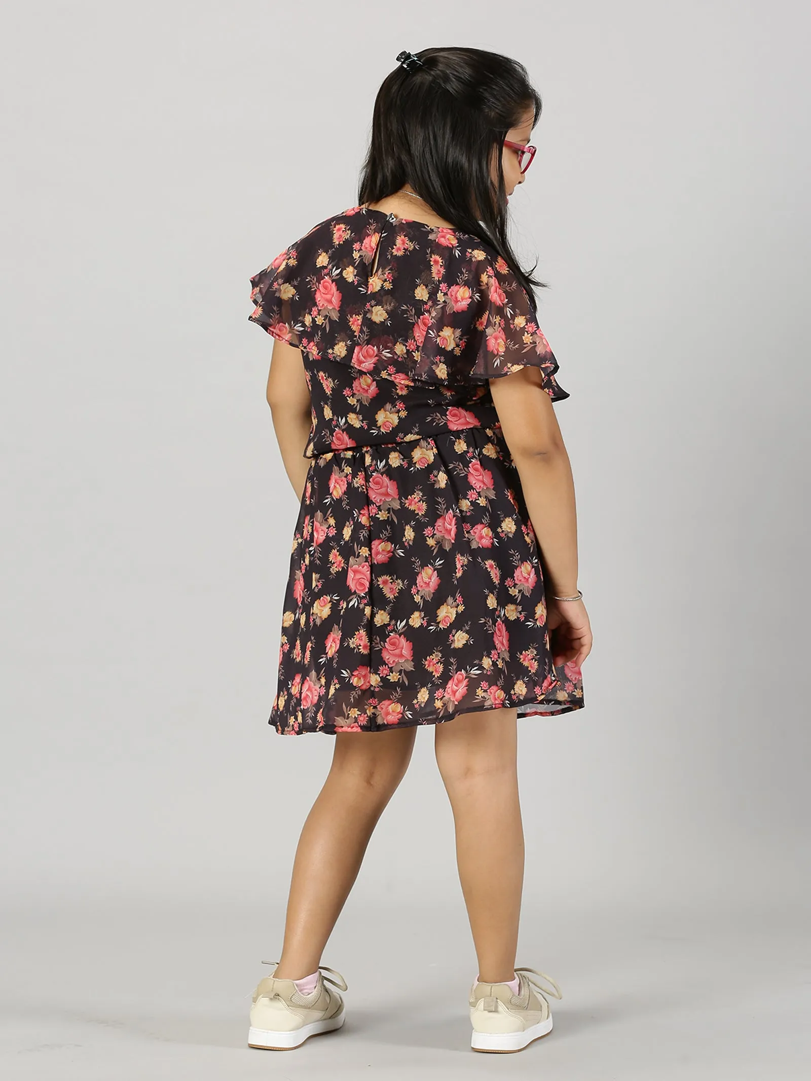 Girls Crop Top With Yoke Frill Layer & Smocked Waistband Skirt Set