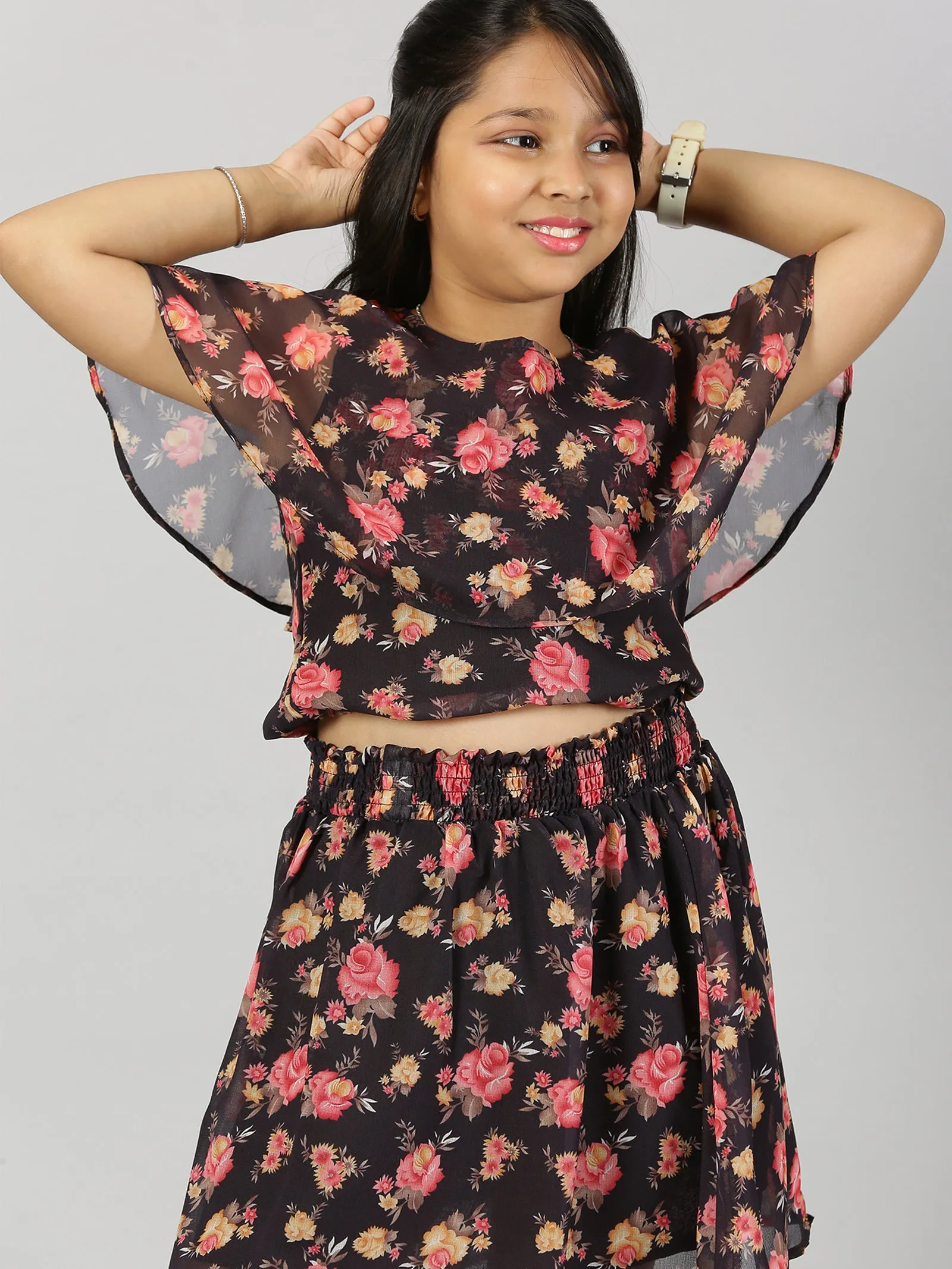 Girls Crop Top With Yoke Frill Layer & Smocked Waistband Skirt Set
