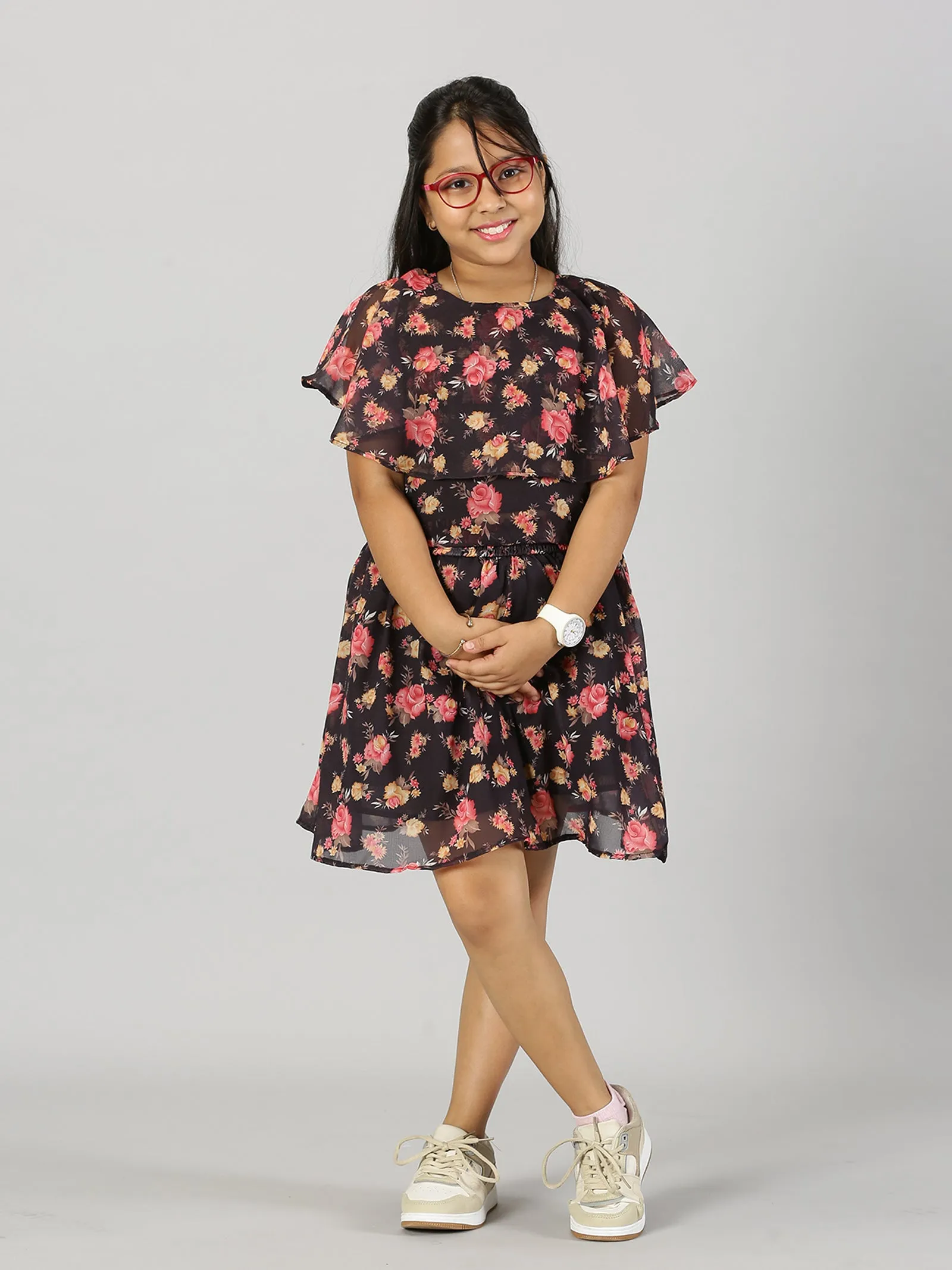 Girls Crop Top With Yoke Frill Layer & Smocked Waistband Skirt Set