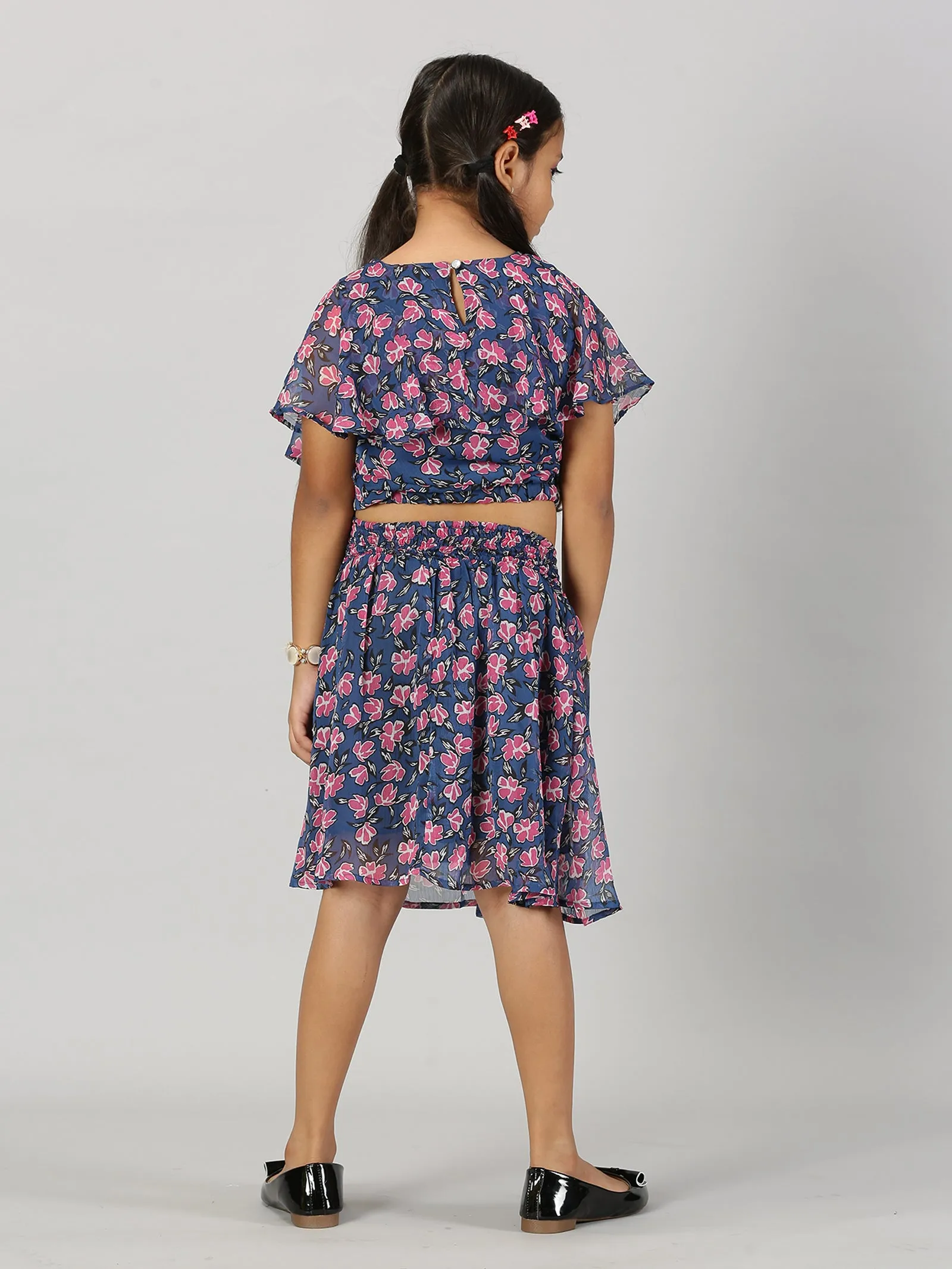 Girls Crop Top With Yoke Frill Layer & Smocked Waistband Skirt Set