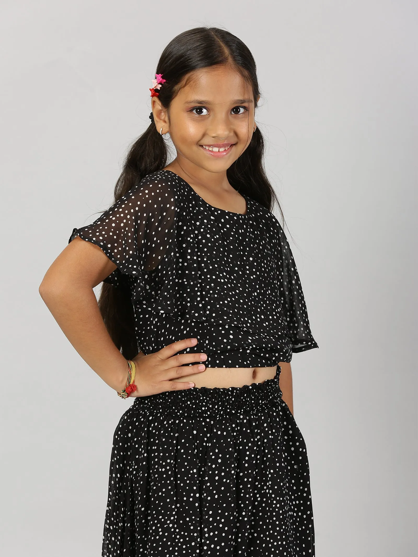 Girls Crop Top With Yoke Frill Layer & Smocked Waistband Skirt Set