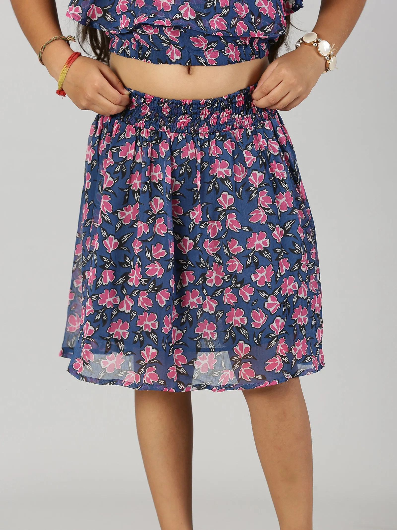 Girls Crop Top With Yoke Frill Layer & Smocked Waistband Skirt Set