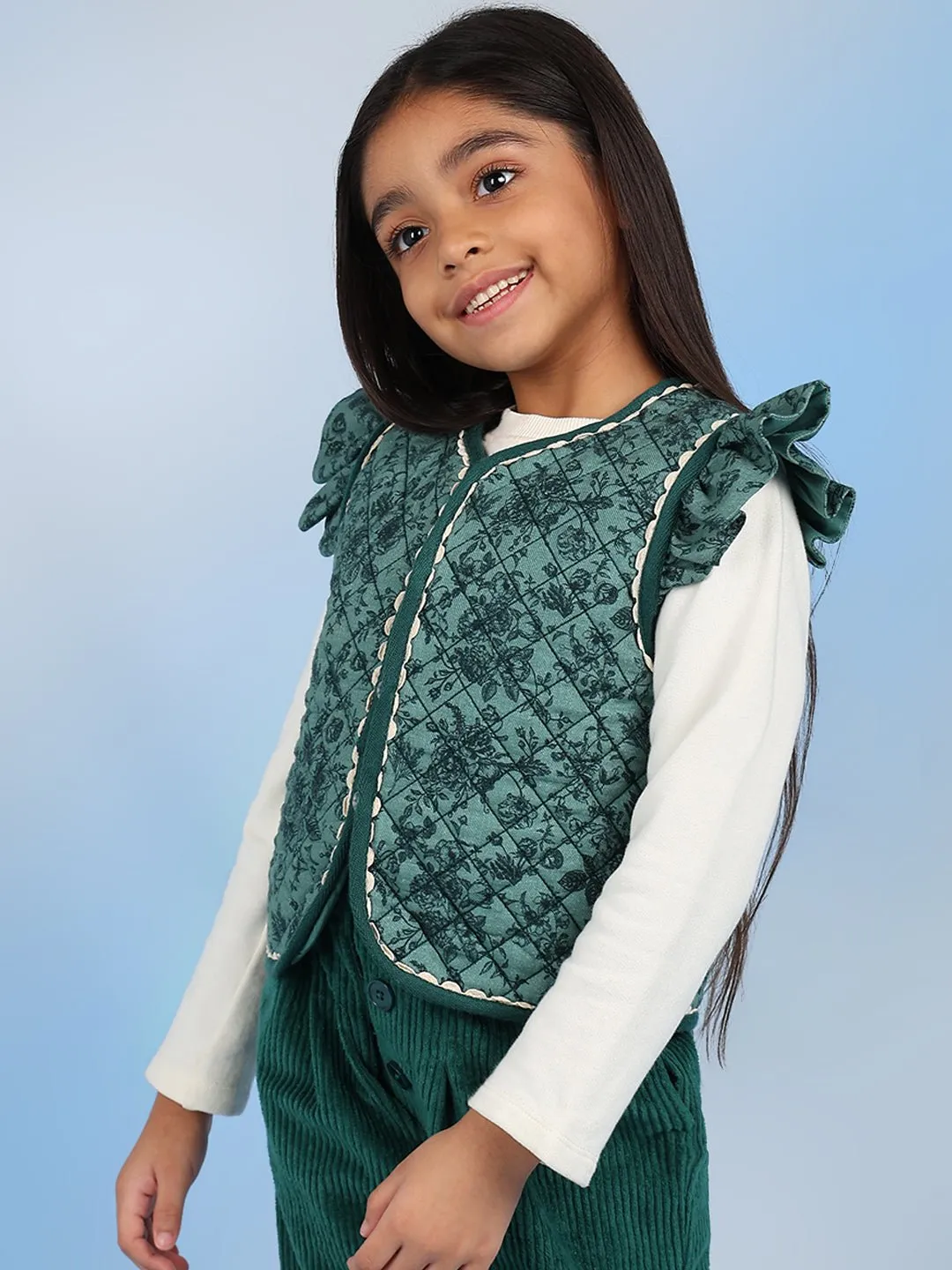 Laila Girls Sleeveless Casual Cotton Vest - Green Melange