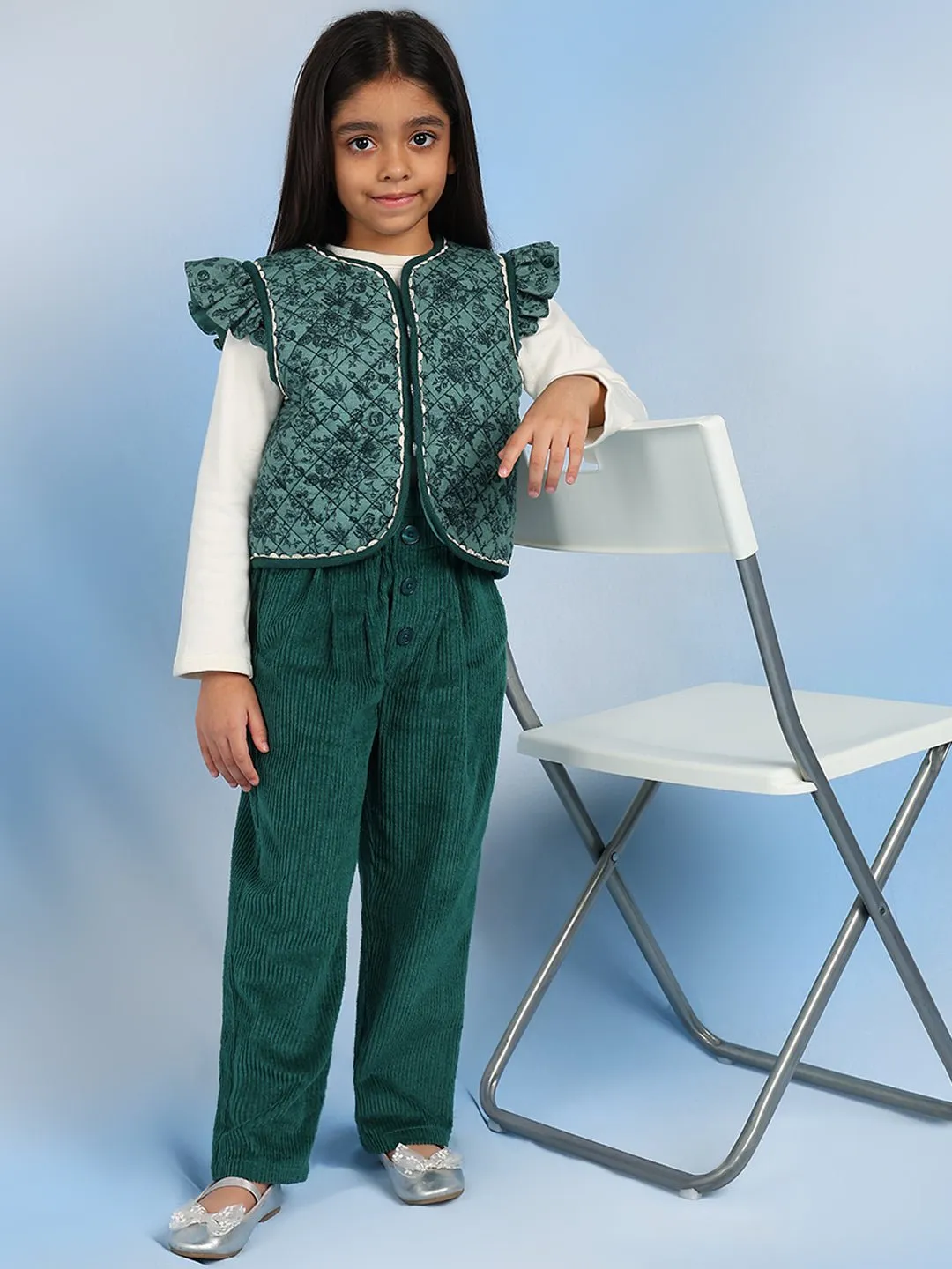 Laila Girls Sleeveless Casual Cotton Vest - Green Melange