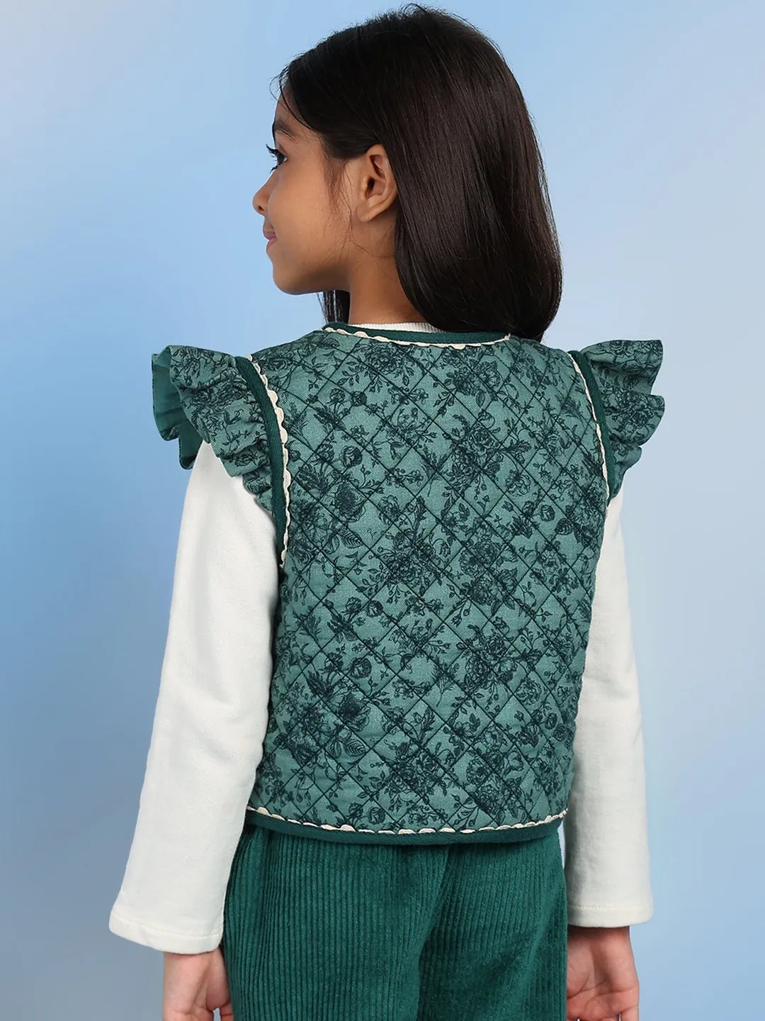 Laila Girls Sleeveless Casual Cotton Vest - Green Melange