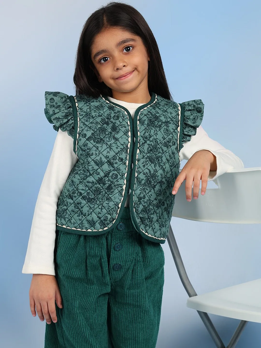 Laila Girls Sleeveless Casual Cotton Vest - Green Melange