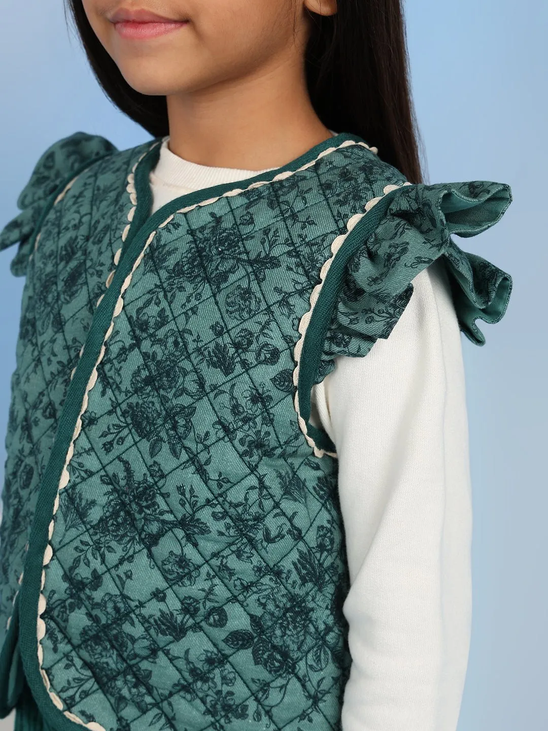 Laila Girls Sleeveless Casual Cotton Vest - Green Melange