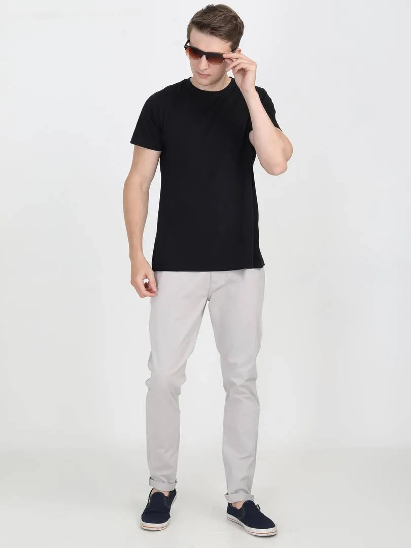 Men's Grey Cotton Solid Mid-Rise Regular Fit Casual Trouser