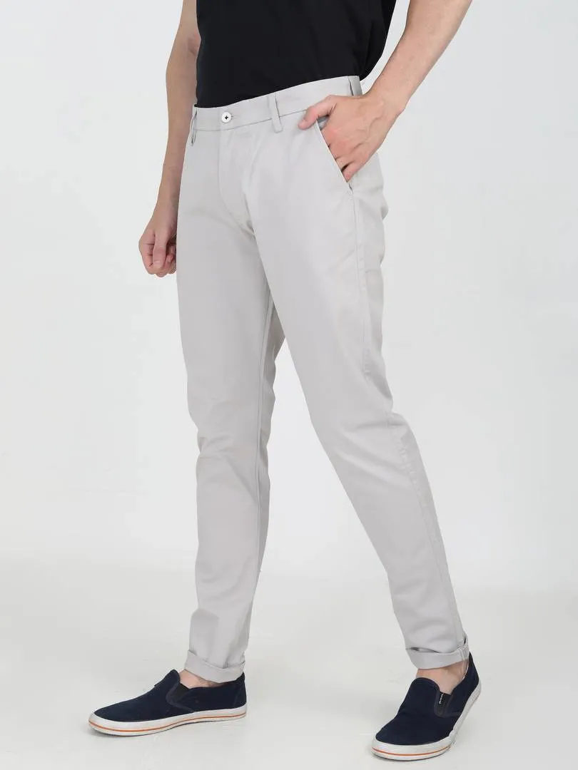 Men's Grey Cotton Solid Mid-Rise Regular Fit Casual Trouser