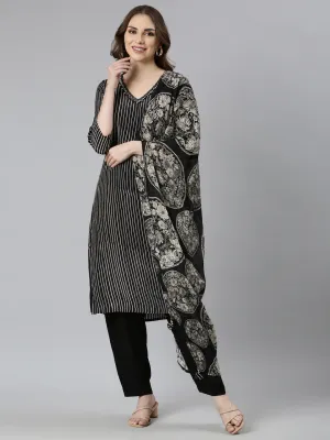 Neerus Black Regular Straight Striped Kurta And  Trousers With Dupatta