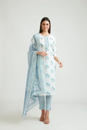 Neerus Women White and Blue Floral Printed Kurta with Trousers and Dupatta