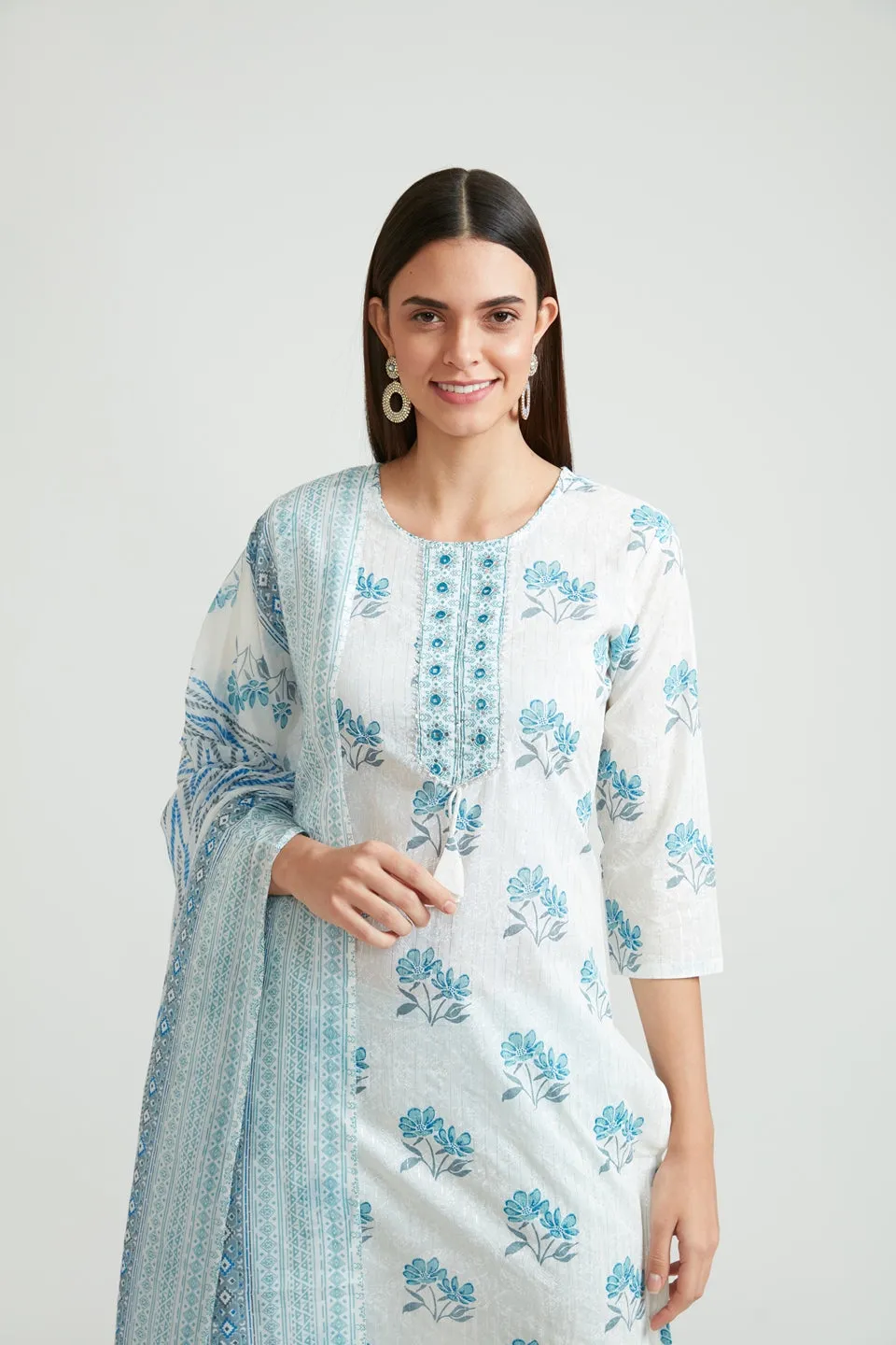 Neerus Women White and Blue Floral Printed Kurta with Trousers and Dupatta