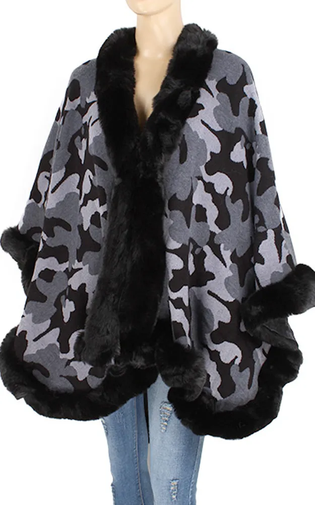 P1785 Camouflage Pattern Cape with Soft Faux Fur