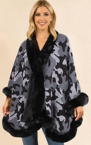 P1785 Camouflage Pattern Cape with Soft Faux Fur