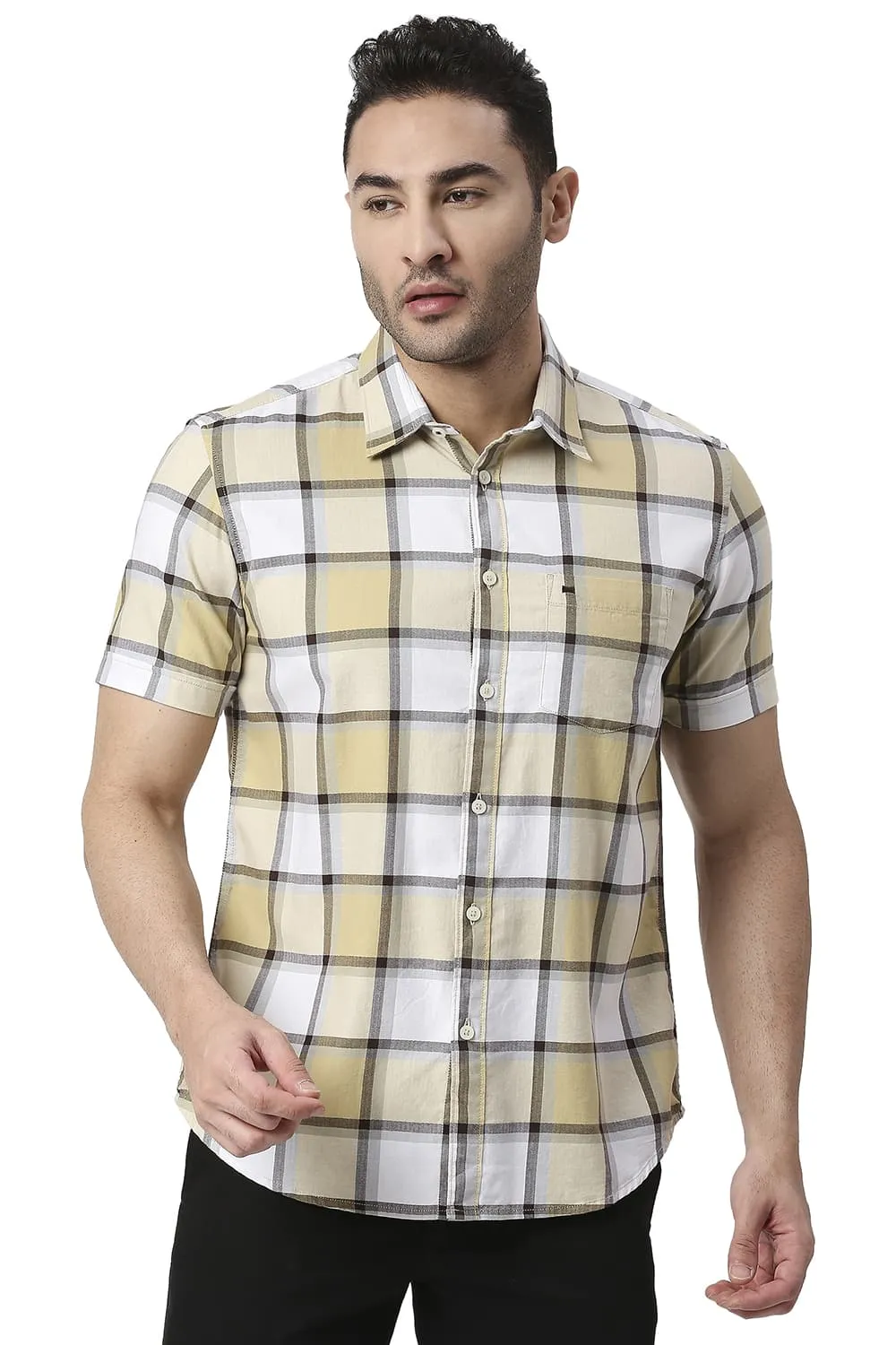 Slim Fit Cotton Twill Checks Halfsleeves Shirt