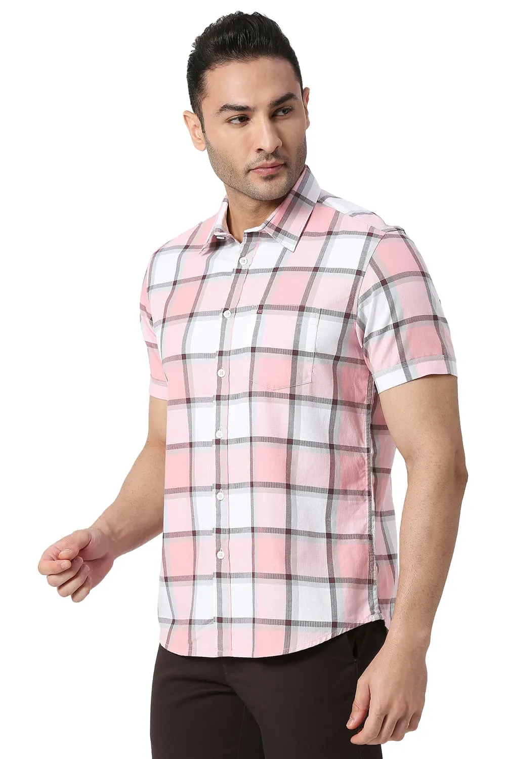 Slim Fit Cotton Twill Checks Halfsleeves Shirt