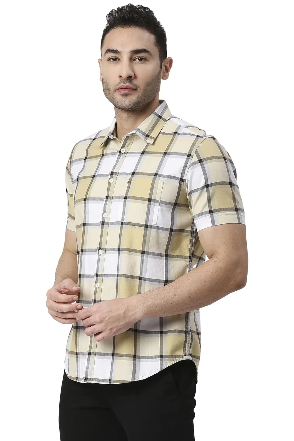 Slim Fit Cotton Twill Checks Halfsleeves Shirt