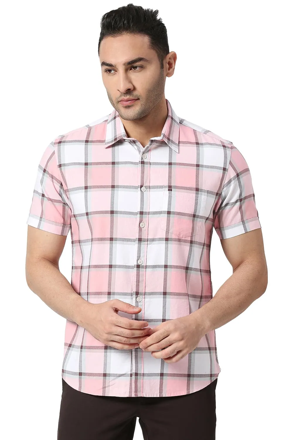 Slim Fit Cotton Twill Checks Halfsleeves Shirt