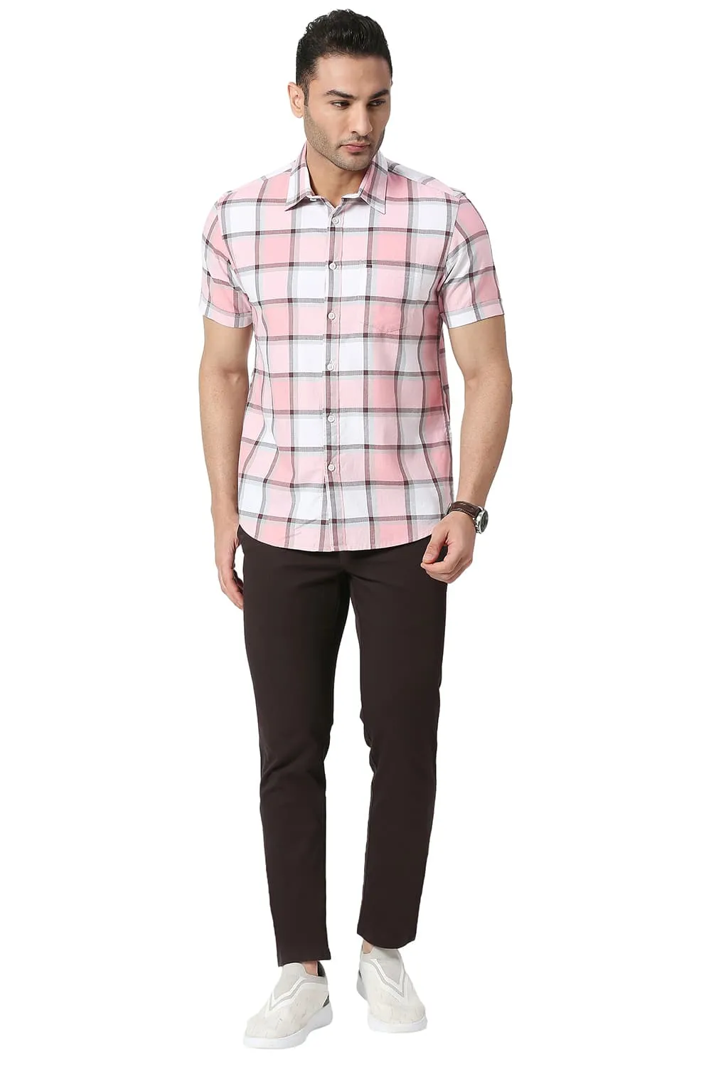 Slim Fit Cotton Twill Checks Halfsleeves Shirt