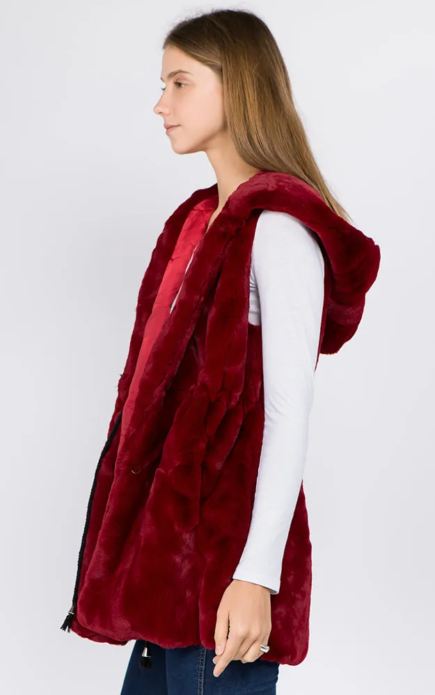 VP8482 Faux Fur Solid Pocket Vest With Hood
