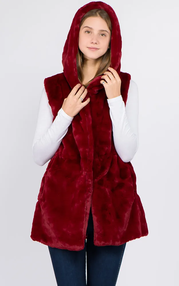 VP8482 Faux Fur Solid Pocket Vest With Hood