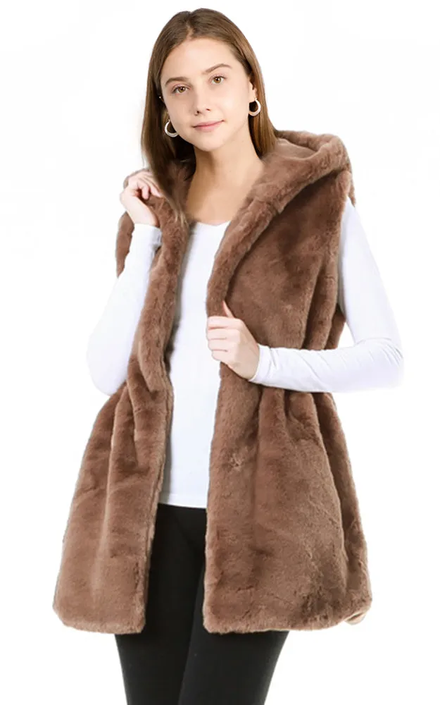 VP8482 Faux Fur Solid Pocket Vest With Hood