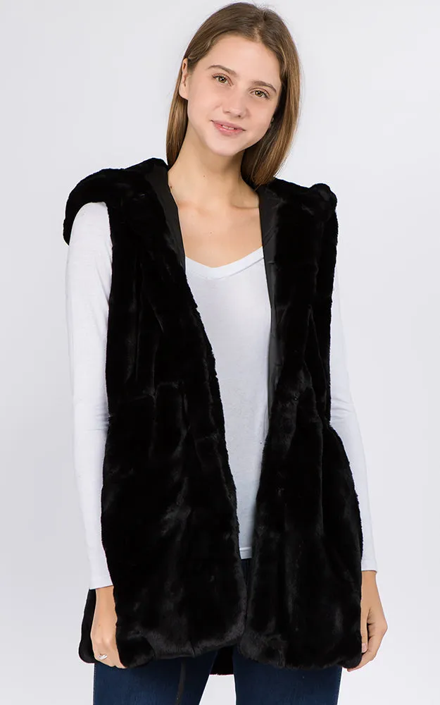 VP8482 Faux Fur Solid Pocket Vest With Hood