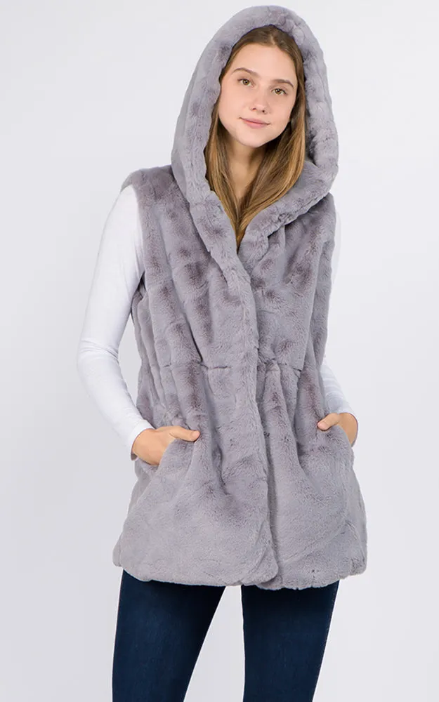 VP8482 Faux Fur Solid Pocket Vest With Hood