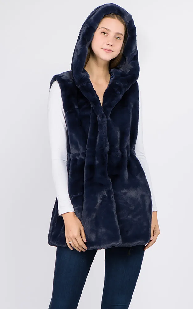 VP8482 Faux Fur Solid Pocket Vest With Hood