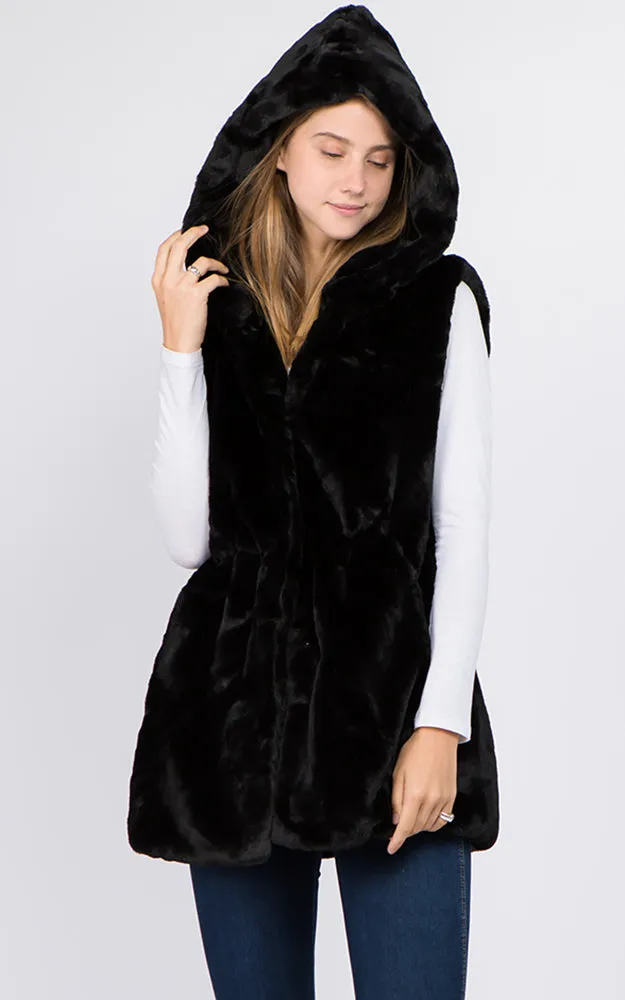 VP8482 Faux Fur Solid Pocket Vest With Hood