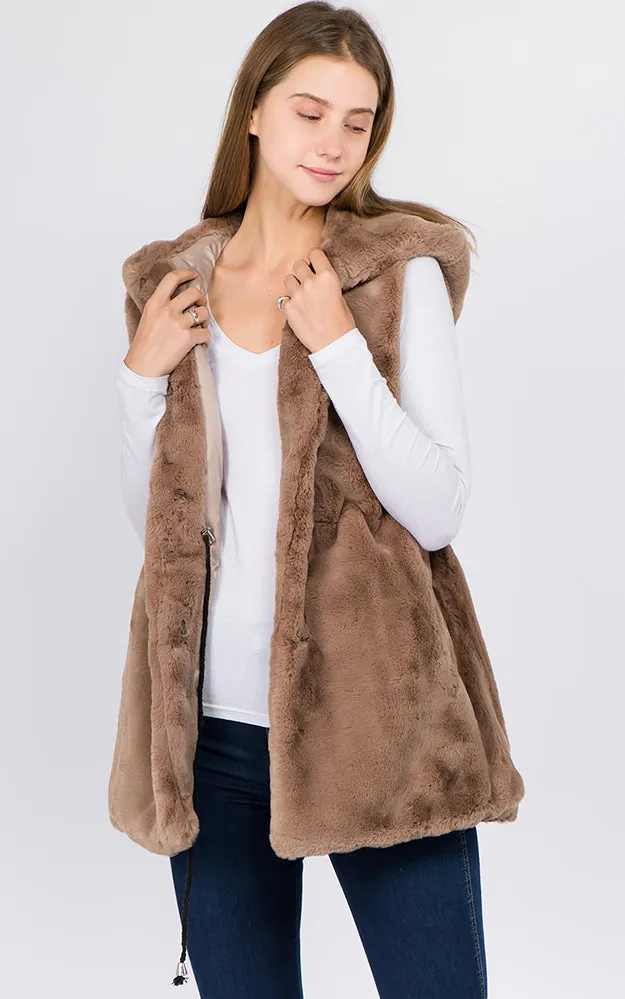 VP8482 Faux Fur Solid Pocket Vest With Hood