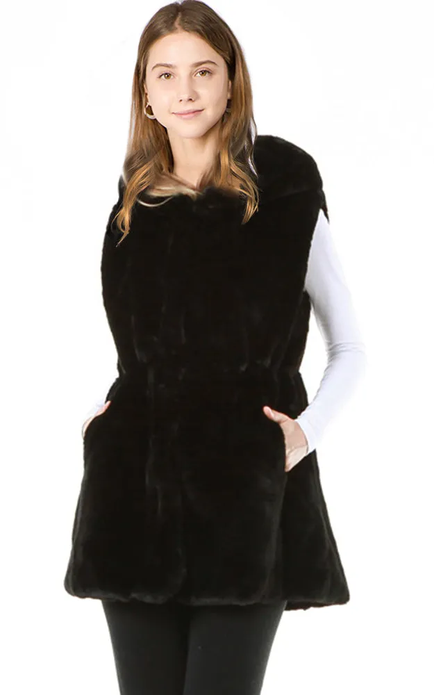 VP8482 Faux Fur Solid Pocket Vest With Hood