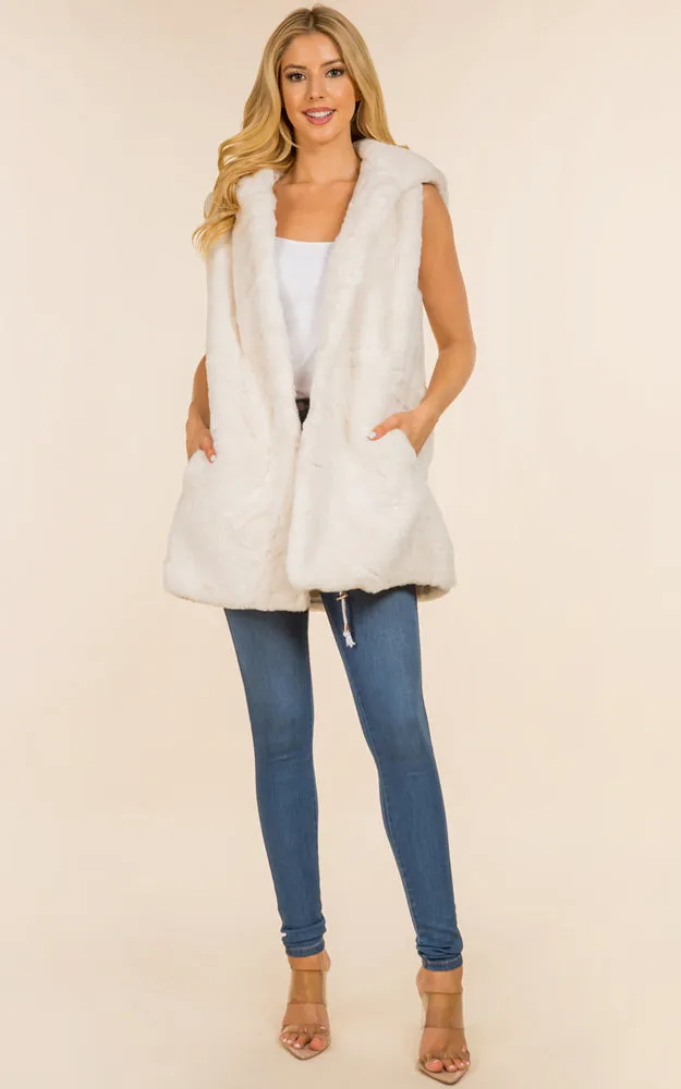 VP8482 Faux Fur Solid Pocket Vest With Hood