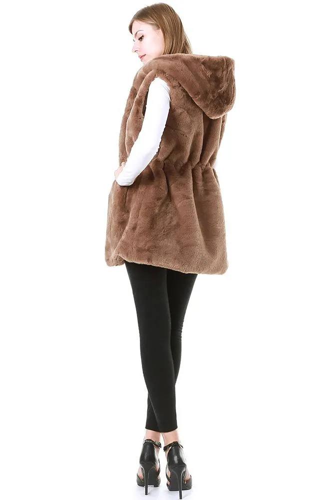 VP8482 Faux Fur Solid Pocket Vest With Hood