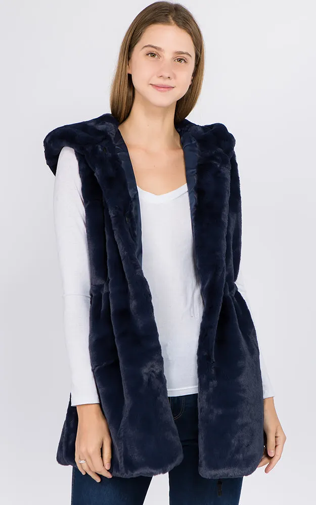 VP8482 Faux Fur Solid Pocket Vest With Hood